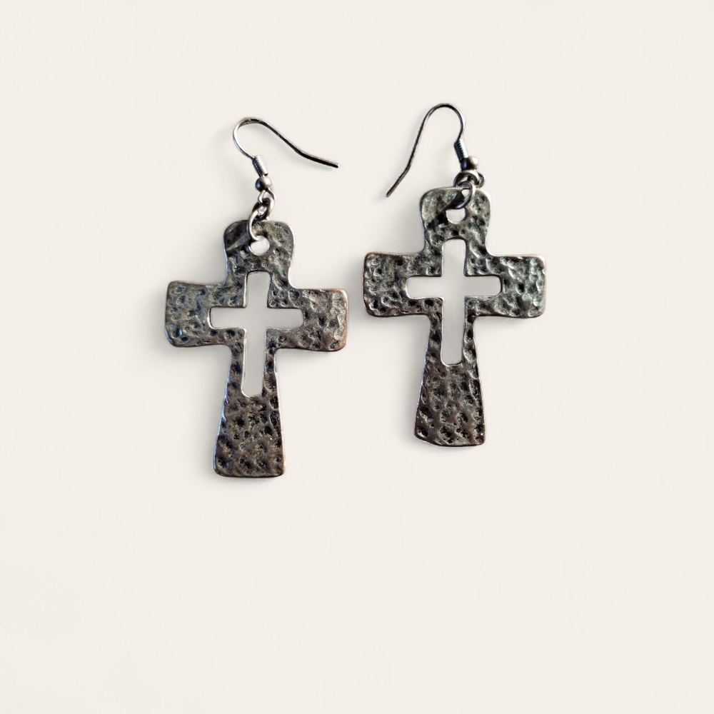 Hammered Silver Cross Earrings - Picture 2 of 4